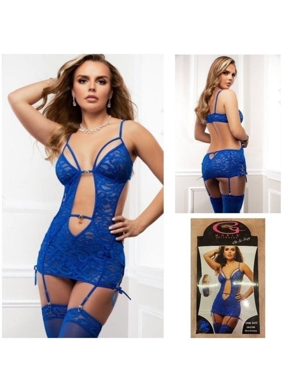Lingerie 3pc Fabulous Open Front Cutout Dress with Lace Up Sides & Stockings NIB